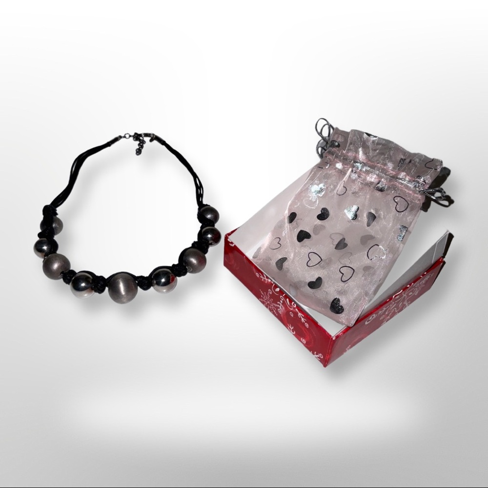 Multi sterling silver Balls and Black cord choker necklace